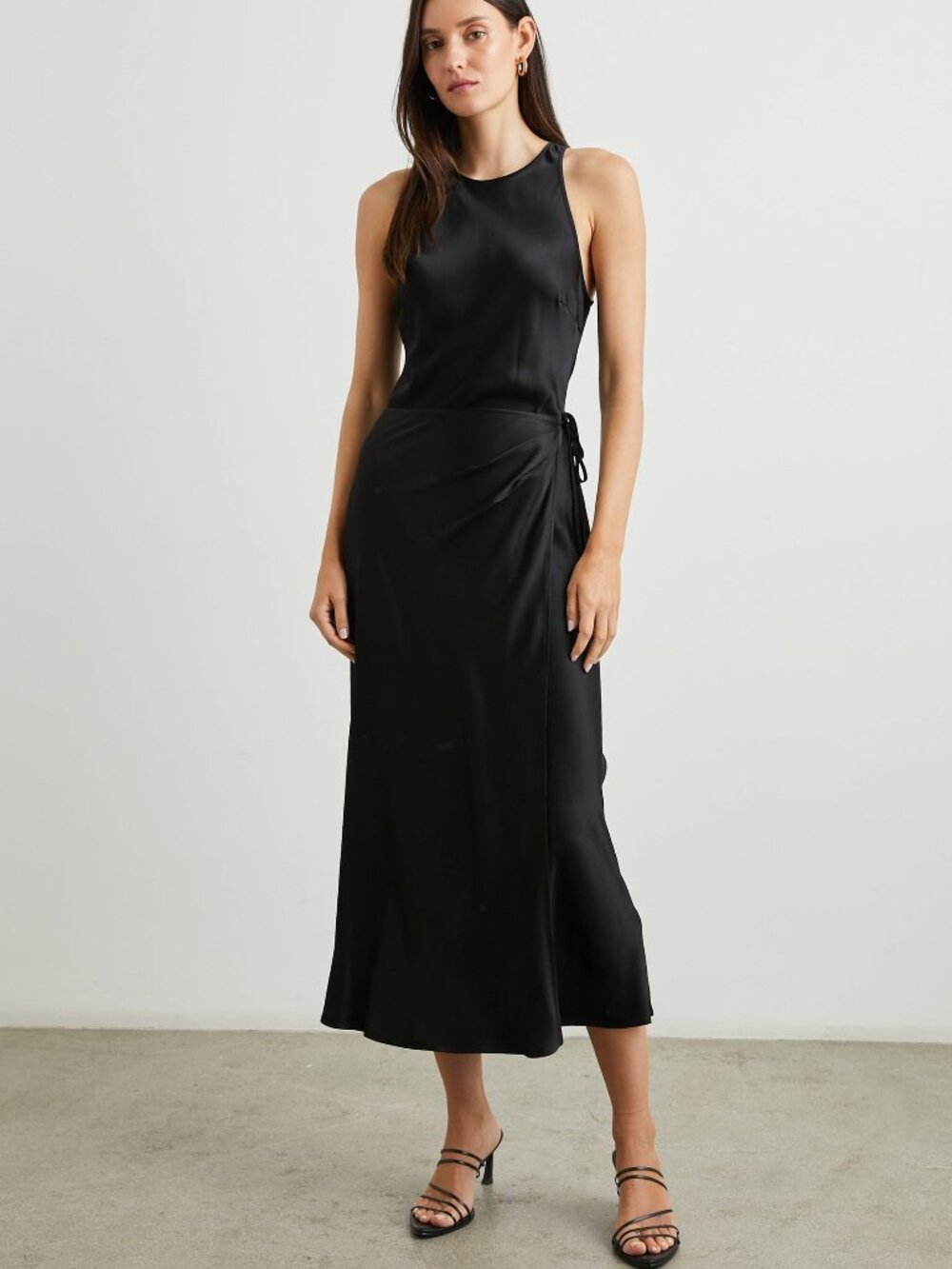 Rails Navi Black Satin Crepe Wrap Midi Dress Size XXS